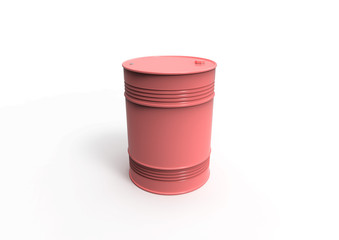 3D illustration of coral drum barrel on white background. Trendy illustration of barrel for liquid storage.