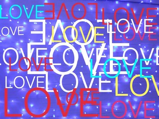 Colorful of love words on blue dramatic background