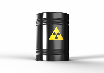 3d illustration of black metal barrel with nuclear fuel. Black barrel with yellow radioactive sign on it. Radioactive drum.