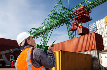 freight forwarding manager,worker, at container terminal - obrazy, fototapety, plakaty