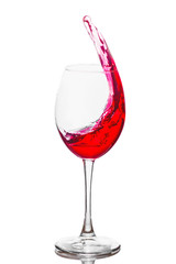 Wine glass with rose wine inside, wine wave, light background, studio shoot