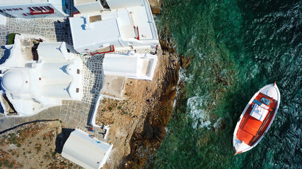 Aerial drone, bird's eye view photo of iconic Mykonos island, Cyclades, Greece