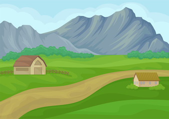 Country landscape with small house and barn, ground road, green meadows and large gray mountains. Flat vector design