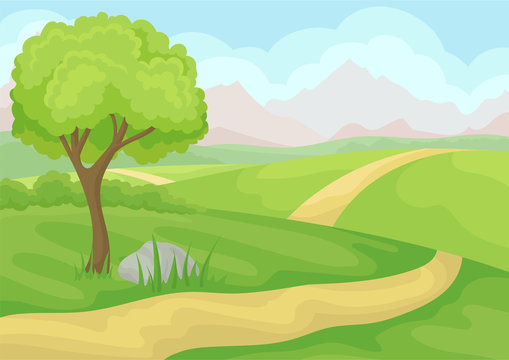 Scenery with tree, ground road and green meadows, mountains and blue sky. Natural landscape. Cartoon vector design
