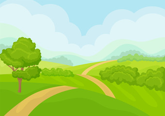 Fototapeta premium Scenery with green meadows, tree and bushes, blue sky on background. Natural landscape. Flat vector design
