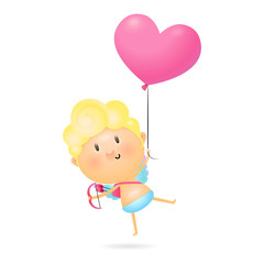 Angel boy illustration. Cupid, pink heart, air balloon. Saint Valentines Day concept. Vector illustration can be used for topics like gift card, love, romantic