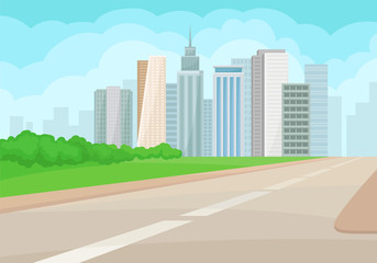 Urban landscape with road, high-rise buildings, green grass and bushes on background. Modern city. Flat vector design