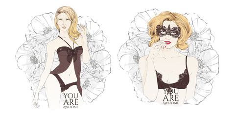 Beautiful blonde girl in black underwear staing. Vector hand drawn illustration
