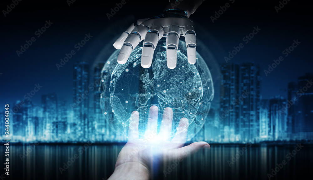 Aufkleber robot hand and human hand touching digital world 3d rendering