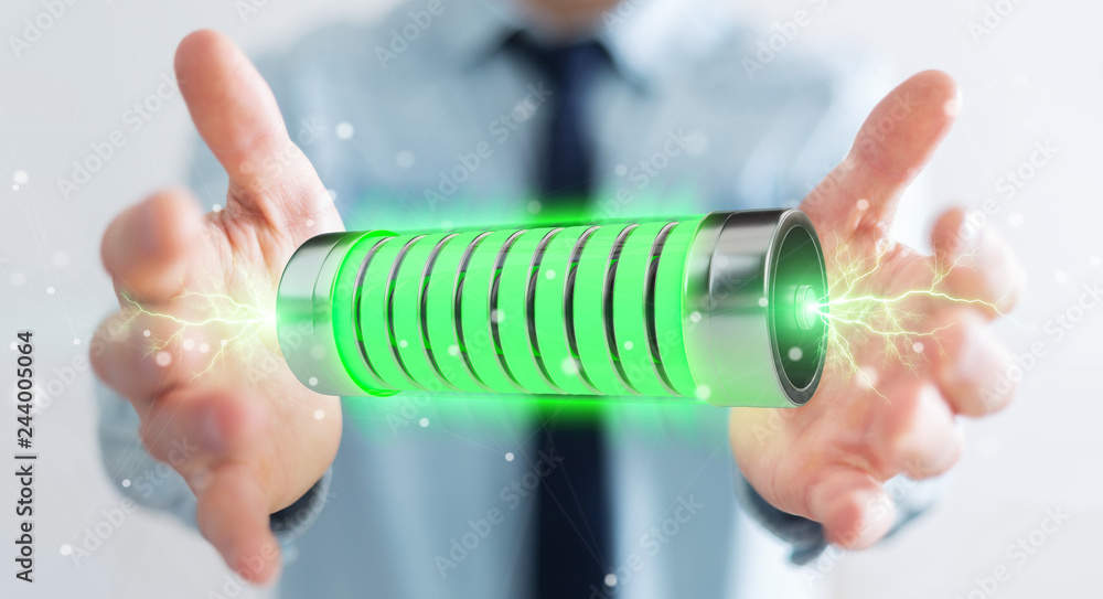 Poster Businessman using green battery with lightnings 3D rendering