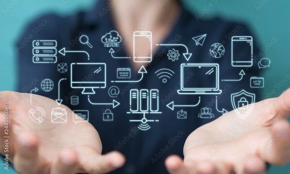Canvas Prints businesswoman using tech devices and icons thin line interface