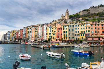 Fototapeta premium Harbor at boat in Portovenere or Porto Venere town on Ligurian coast. Italy