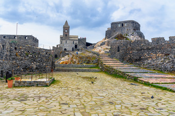 Church of St. Peter in Portovenere or Porto Venere town on Ligurian coast. Italy