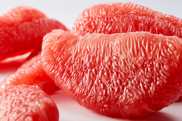 Delicious fruit, closeup red grapefruit flesh