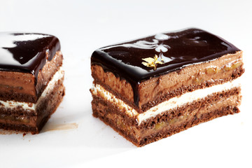 Delicious chocolate cake on a white background