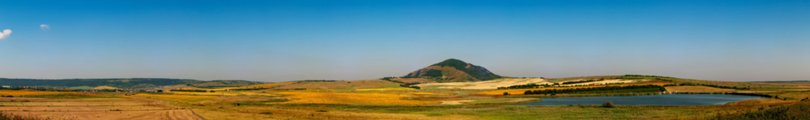 Obraz premium Fields with blooming sunflower. Farm mowing, hay and straw for livestock in winter. Panorama