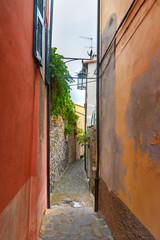 Old narrow street in Portovenere or Porto Venere town on Ligurian coast. Italy