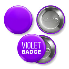 Violet Badge Mockup Vector. Pin Brooch Violet Button Blank. Two Sides. Front, Back View. Branding Design 3D Realistic Illustration