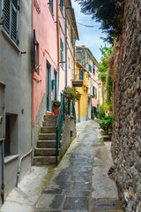Obraz premium Old narrow street in Portovenere or Porto Venere town on Ligurian coast. Italy
