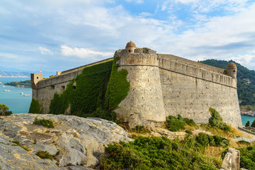 View of Castle Doria in Portovenere or Porto Venere town on Ligurian coast. Italy