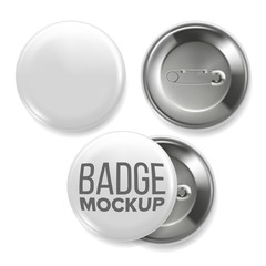 White Empty Badge Mockup Vector. Pin Brooch White Button Blank. Two Sides. Front, Back View. Branding Design 3D Realistic Illustration