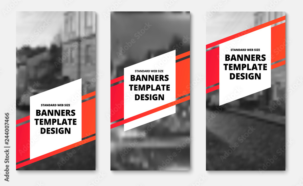Poster Template of vertical vector banners with a diagonal red stripe and white elements for text.
