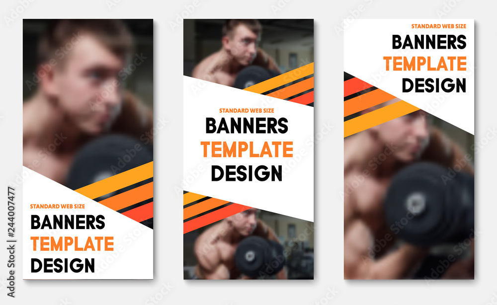 Poster set of vector web banners with place for photo and diagonal orange stripes.