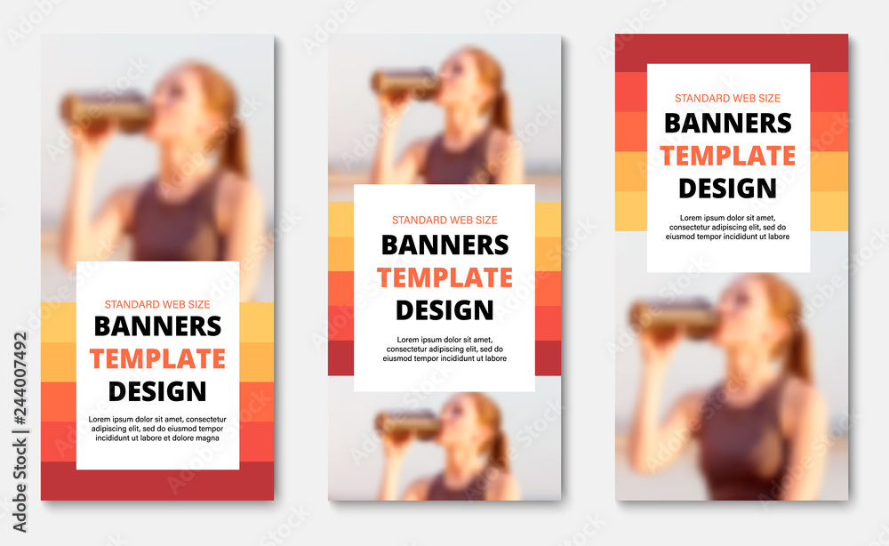 Poster templates for vertical web banners with place for photo, orange-red lines and white rectangle for te