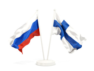 Two waving flags of Russia and finland