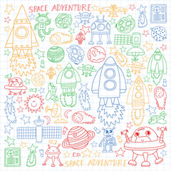 Vector set of space elements icons in doodle style. Painted, colorful, pictures on a sheet of checkered paper on a white background.