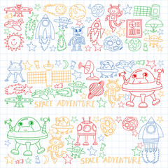 Vector set of space elements icons in doodle style. Painted, colorful, pictures on a sheet of checkered paper on a white background.
