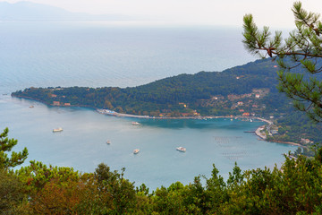 Fototapeta na wymiar View of Palmaria island from Muzzerone mountain. Portovenere or Porto Venere town on Ligurian coast. Italy