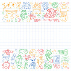 Vector set of space elements icons in doodle style. Painted, colorful, pictures on a sheet of checkered paper on a white background.