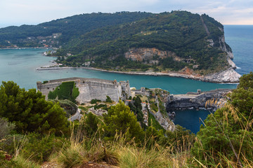 Fototapeta na wymiar View of Castle Doria in Portovenere or Porto Venere town on Ligurian coast. Italy