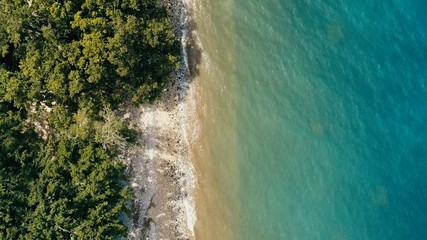 stunning aerial drone minimal geometric image of a remote tropical sea ocean shore with sandy rocky beach lush rainforest jungle and crystal clear azure blue water from top looking down