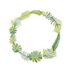 Tropical flower composition, hand drawn circle greenery botanical wreath. illustration isolated on white background. Floral paradise, exotic plant leaf border