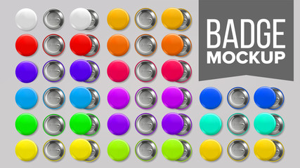 Badge Mockup Set Vector. Pin Brooch Button Blank. Two Sides. Promotion, Merchandise Item. Front, Back View. Round Souvenir. Branding Emblem Design 3D Realistic Illustration