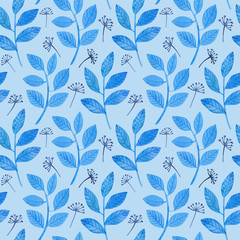 Fantasy blue leaves seamless pattern. Watercolor hand drawn painting illustration. Background can be easily change for another color