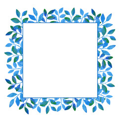 Frame from fantasy watercolor hand drawn leaves in blue&green colors. Isolated on white background