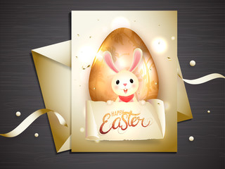 Happy Easter invitation card design with illustration of cute little rabbit and golden easter egg on glossy background.