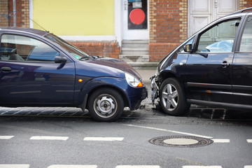 car crash or auto accident with front-end collision                               