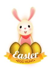 Illustration of cute little bunny with golden easter eggs on white background for Happy Easter template or poster design.