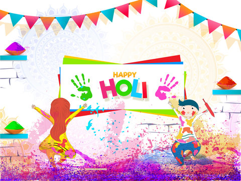 Cute kids playing with colours on occasion of Happy Holi celebration. Banner or poster design.