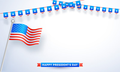 Illustration of USA flag on white background decorated with party flags for Happy President's Day.
