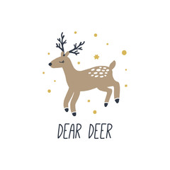 Vector cute deer cartoon illustration, scandinavian style