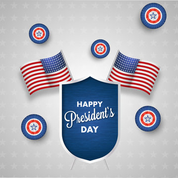 Shield with USA national flags illustration of gray star decorated background for Happy President Day template or poster design.