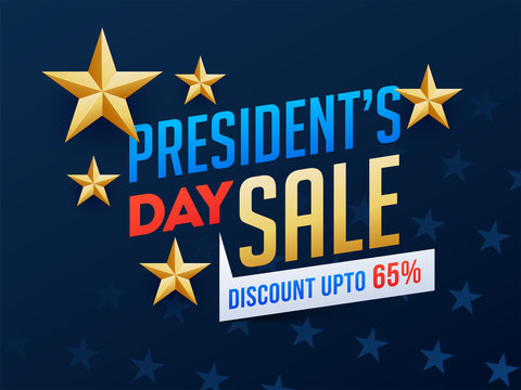 President's Day sale poster or banner design with 65% discount offer and decorative golden stars.
