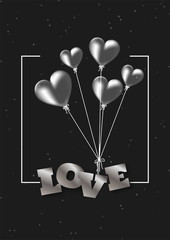 Typography of love tie up with heart shape balloons on black background. Valentine's Day greeting card design.