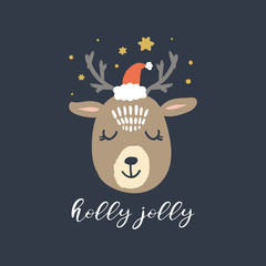 Merry Christmas, Holly Jolly. Vector cute winter polar deer Santa with text