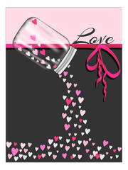 Vector illustration of tiny heart shapes popping out of glass bottle, love greeting card design for Valentine's Day.